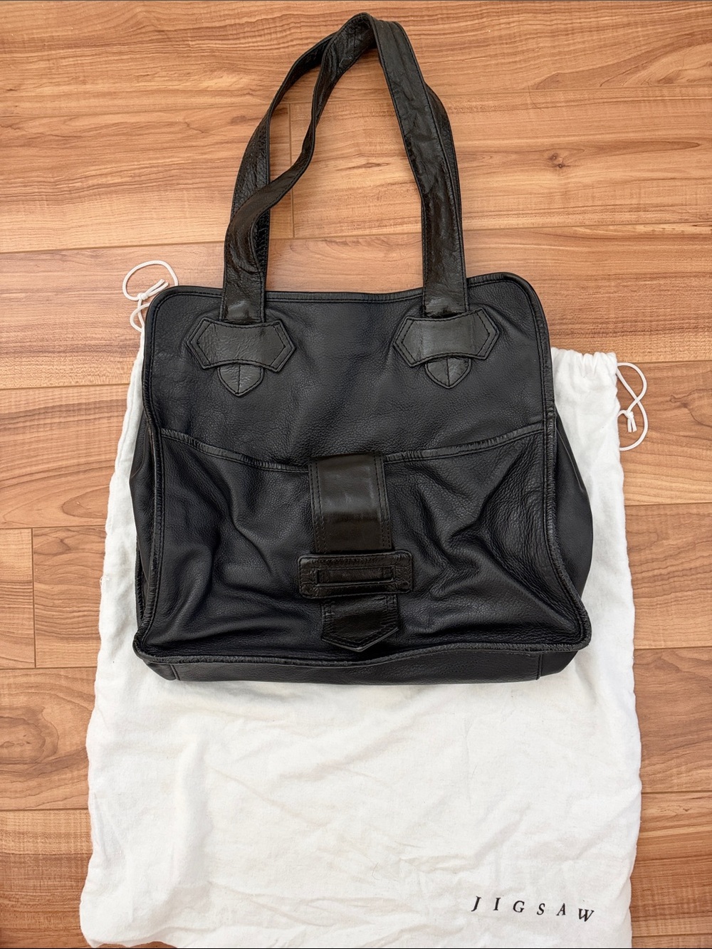 Jigsaw Black Leather Tote with Front Flap Detail